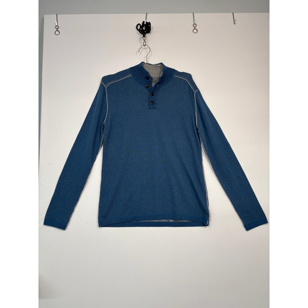 Sundance Mens Pullover Sweater L Blue Mock Neck Button Henley 100% Cotton